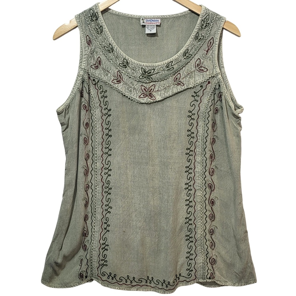 Just Cruising Womens Sage Green Embroidered Rayon Tank Top Smocked Back OSFM